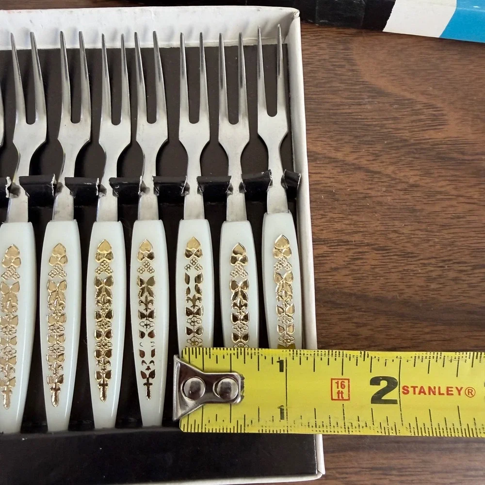 Vintage MCM Stainless Steel Mini Appetizer Forks Gold Filigree White Handles 12